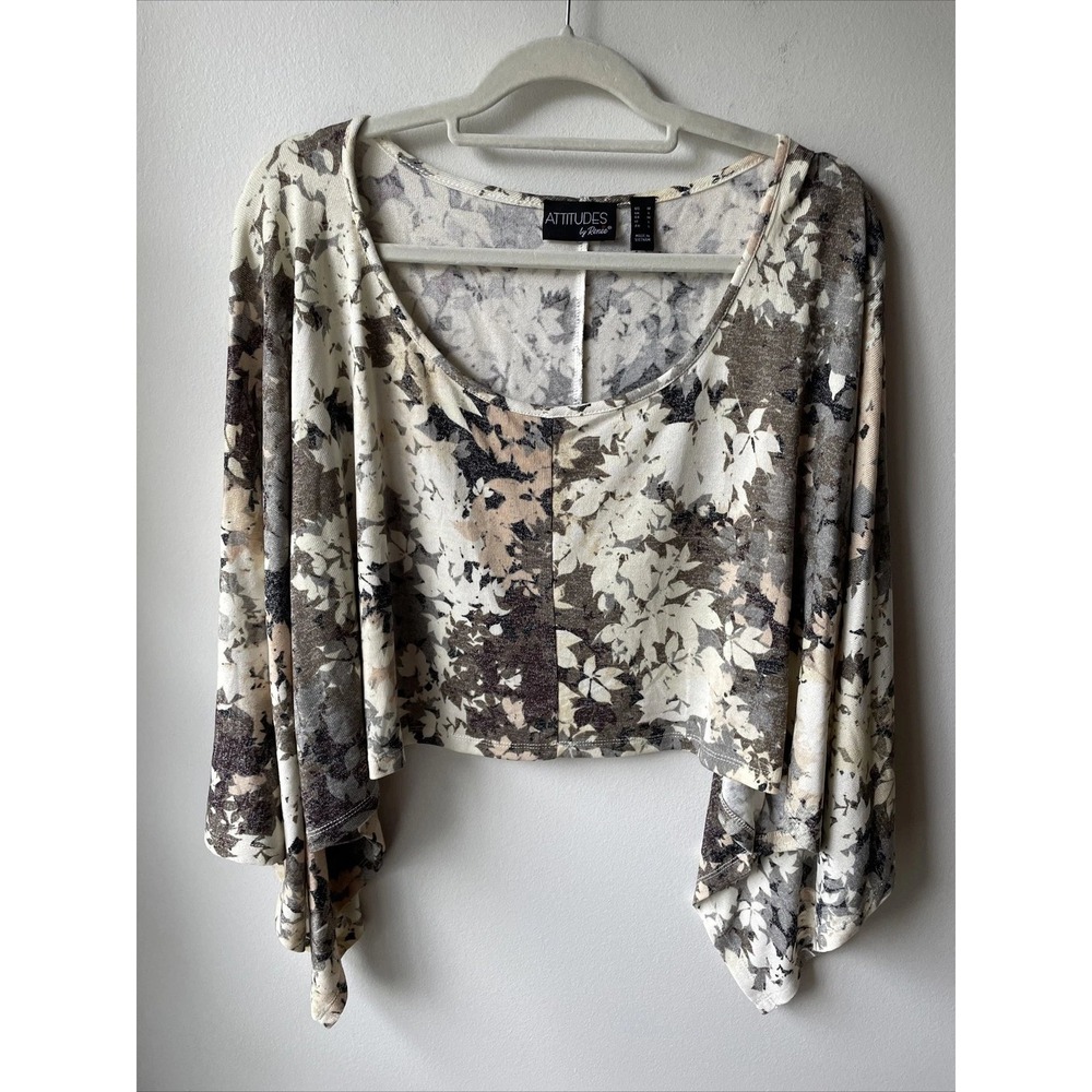 Attitudes Crop Top Women Medium Brown Floral Batwing Poncho Knit Boho Art Flowy
